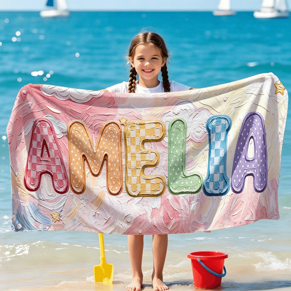 Personalized Colourful Oil Painting Style Quick Dry Oversized Beach Towel with Name Summer Travel Essential Birthday Gift for Kids Women