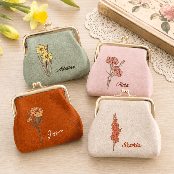 Personalized Retro Birth Flower Portable PU Leather Coin Handbag with Name Daily Use Birthday Anniversary Gift for Family Friends