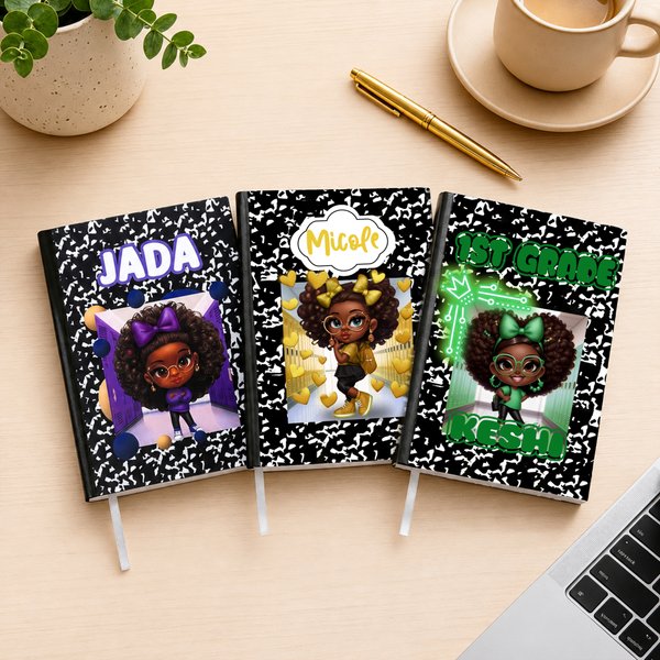 Personalised Cute Black Girl A5 Journal Notebook with Name and Title Daily Use Birthday Back to School Gift for Black Girls Students Kids