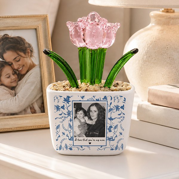 Personalized Toile De Jouy Style Photo Glass Potted Plants with Text Desk Office Shelf Decor Birthday Mother's Day Gift for Mom