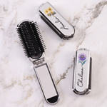 Personalised Birth Flower 2-In-1 Foldable Makeup Mirror Hair Brush with Name Travel Daily Use Birthday Gift for Mothers Women Girls