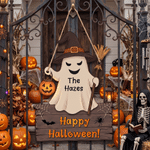 Personalized Double-Sided Ghost Pumpkin Witch Hat Broom Wood Sign with Text and Name Outdoor Decor Halloween Gift for Family Neighbour