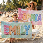 Personalized Colorful Oil Painting Style Quick Dry Oversized Beach Towel with Name Summer Travel Essential Birthday Gift for Kids Women