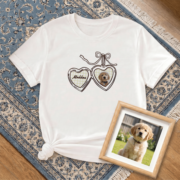 Personalised Multicolour Embroidered Heart-Shaped Lock Pet Photo T-shirt Sweatshirt Hoodie with Name Birthday Gift for Pet Lovers