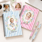 Personalised Photo Watercolour Floral Stripes A5 Spiral Notebook with Name Daily Writing Use Birthday Appreciation Gift for Friends Students Teachers