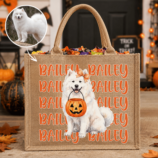 Personalized Cute Pet Photo Pumpkin Large Capacity Tote Bag with Name Halloween Party Trick or Treat Gift for Kids Pet Owners