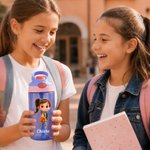 Borraccia 475 ml personalizzata con nome e personaggio, con cannuccia e coperchio - Regalo per rientro a scuola per bambini e ragazzi