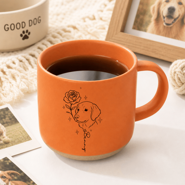 Personalised Line Art Style Birth Flower Pet Portrait Photo 12 oz Ceramic Mug with Handle and Name Birthday Christmas Gift for Pet Owners Lovers