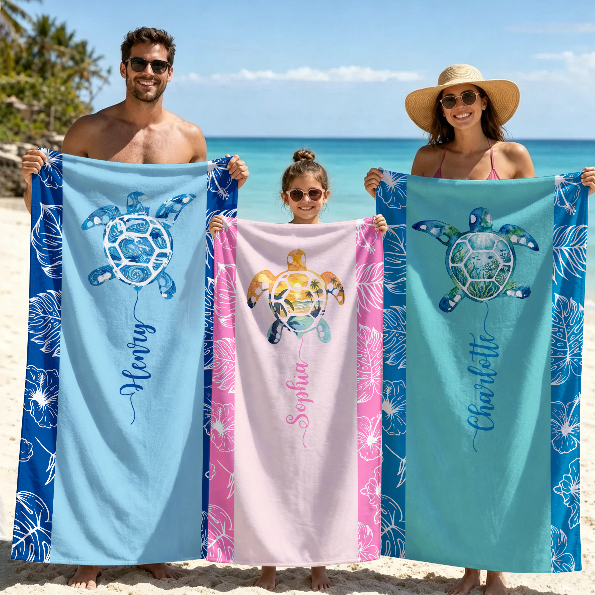 Individuell gestaltetes, farbenfrohes Strandtuch mit Meeresschildkröten- und Palmblatt-Motiv sowie Namenszug – für den Außenbereich, Strandpartys und als Geburtstagsgeschenk für Meeresliebhaber, Famil