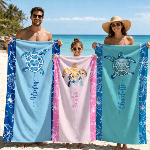 Personalized Sea Turtle Palm Leaf Colourful Beach Towel with Name Outdoor Use Beach Party Birthday Gift for Ocean Lovers Families Kids