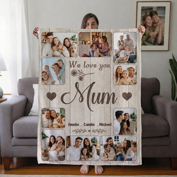 Personalised Soft Flannel Throw Blanket with 10 Family Photos, Custom 1-8 Names, Heartfelt Gift for Mum Gran Dad