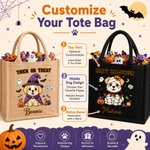 Personalized Trick or Treat Cute Cartoon Pumpkin Witzard Dog Tote Bag with Name Halloween Gift for Boys Girls
