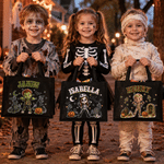 Personalized Cute Halloween Cartoon Character Photo Black Linen Tote Bag with Name Halloween Party Trick or Treat Gift for Boys Girls Halloween Lovers