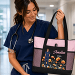 Personalised Doctor Nurse Photo Birth Flower Large Capacity Tote Bag with Name and Mesh Pockets Week Nurse Appreciation Gift for Medical Staff