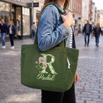 Personalised Diamond Style Birth Flower Initial Large Capacity Corduroy Tote Bag with Name Daily Use Birthday Gift for Woman Girl