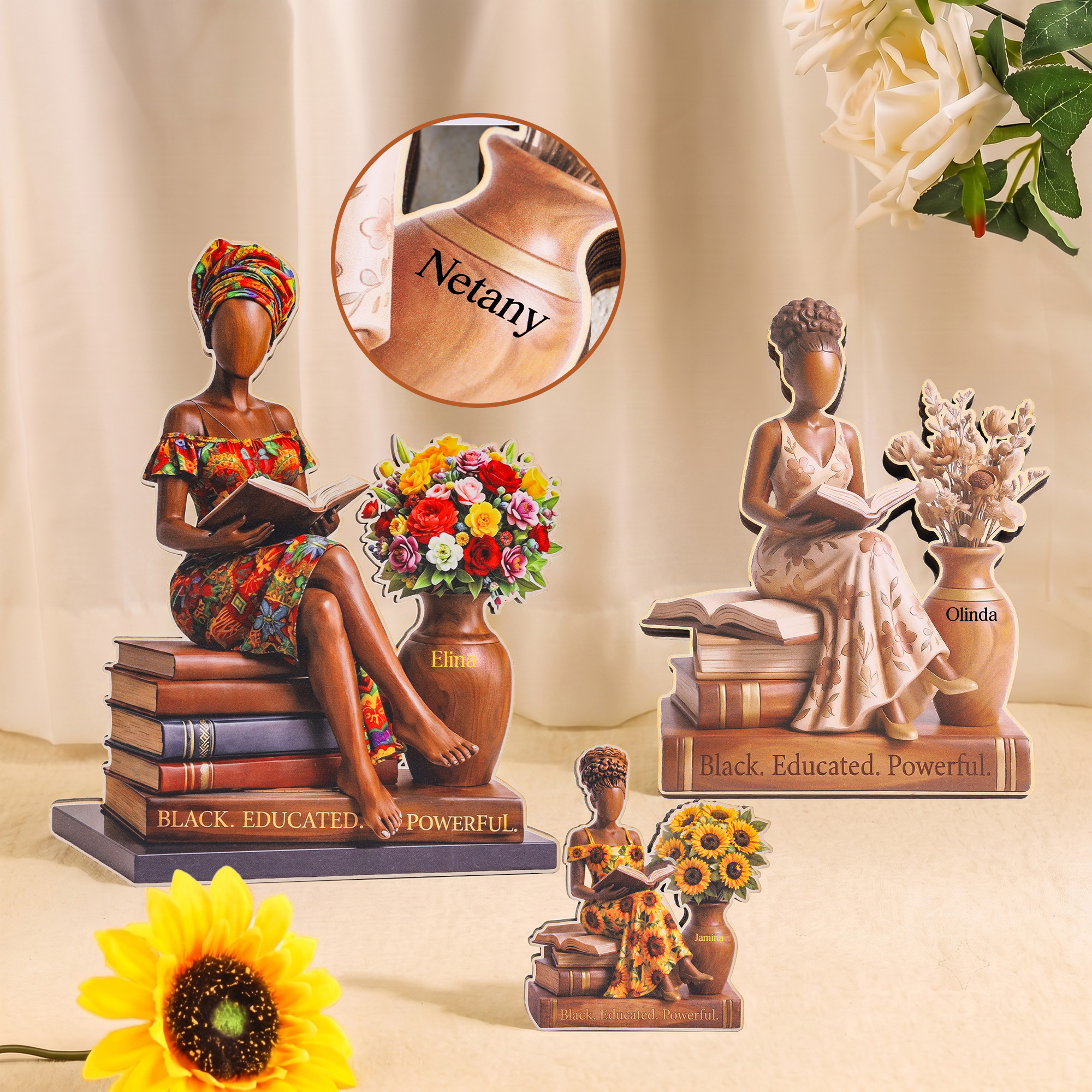 Personalisiertes Holzornament mit dem Motiv einer lesenden Afroamerikanerin und Blumenmuster sowie Namensgravur – Geschenk zum Black History Month und zum Geburtstag für schwarze Frauen, die gerne les