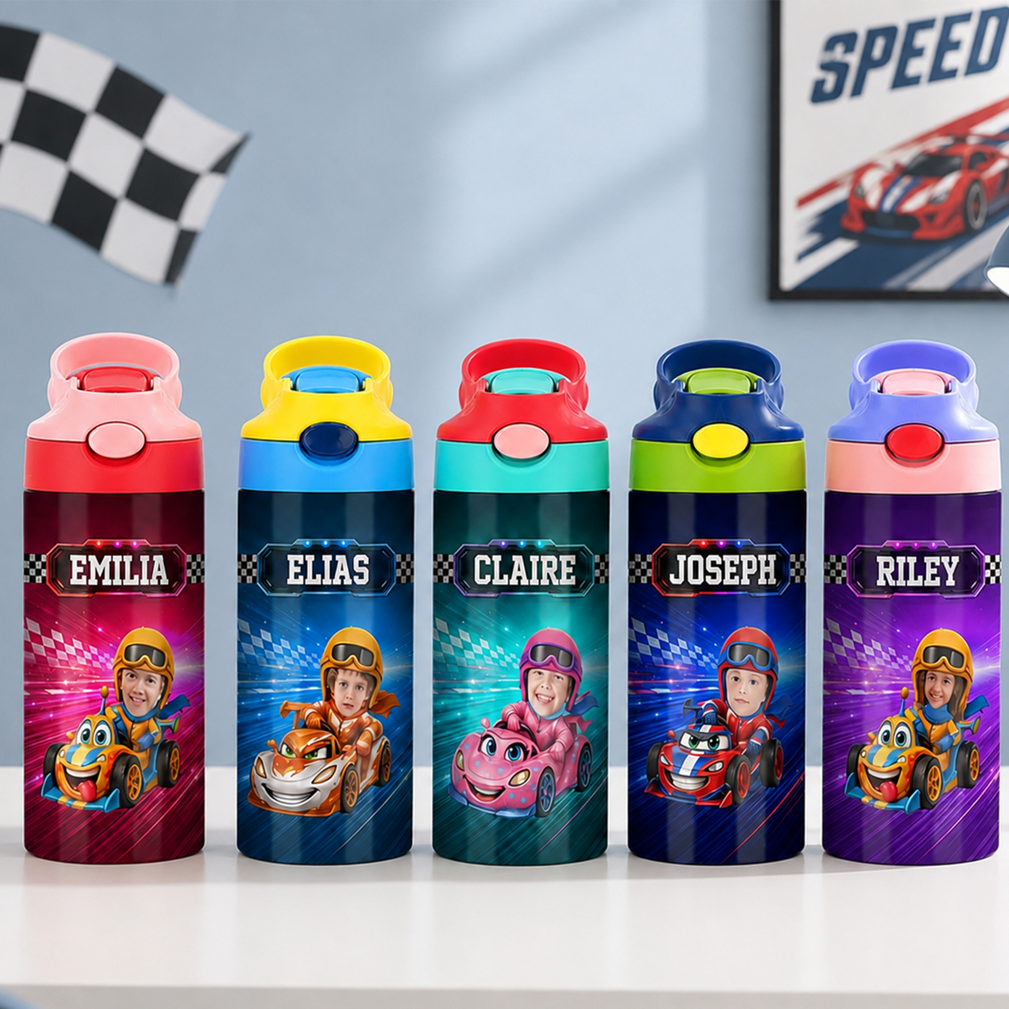 Personalisierte 12-oz-Isolierflasche mit Rennfoto und Namen – Geschenk zum Schulanfang oder Geburtstag für Kinder