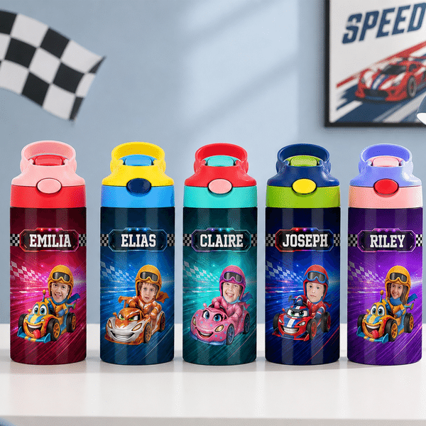 Personalized Racing Photo 12 oz Insulated Water Bottle with Name Back to School Birthday Gift for Kid