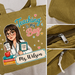 Sac fourre-tout en velours côtelé personnalisé avec illustration de personnage de dessin animé « Teaching Is My Bag » et prénom – Cadeau de rentrée scolaire ou pour la Journée des enseignants