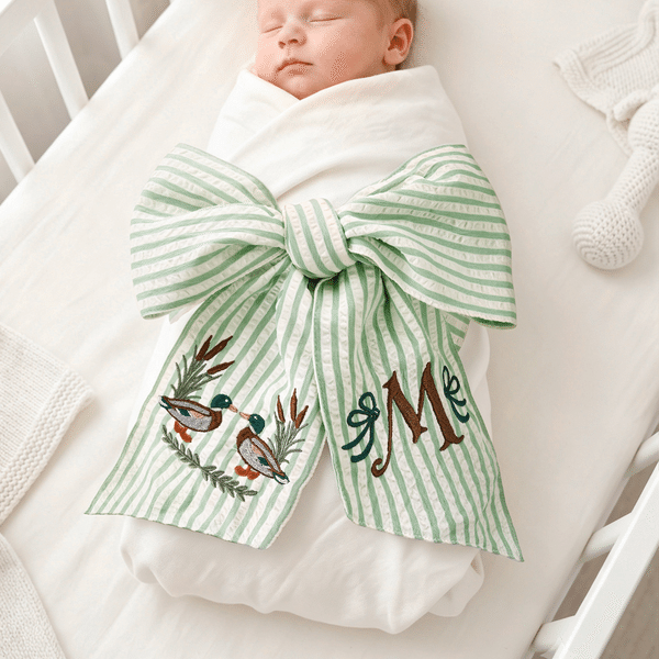 Personalized Mallard Ducks & Sage Green Baby Sash with Embroidered Initial Newborn Photography Prop Nursery Decor Baby Shower Gift for New Mom Dad