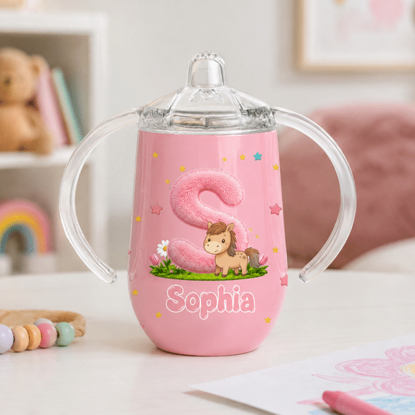 Personalized Cute Cartoon Animals Pattern Star Flower Cloud 10 oz Sippy Cup with Name and Initial Kindergarten Birthday Gift for Kids