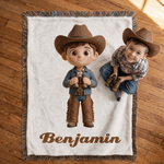 Personalized Cartoon Cowgirl Cowboy Soft Throw Blanket with Name and Tassel Home Decor Birthday Christmas Gift For Kids Cowboy Lovers