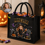 Personalized Cute Halloween Cartoon Character Photo Black Linen Tote Bag with Name Halloween Party Trick or Treat Gift for Boys Girls Halloween Lovers