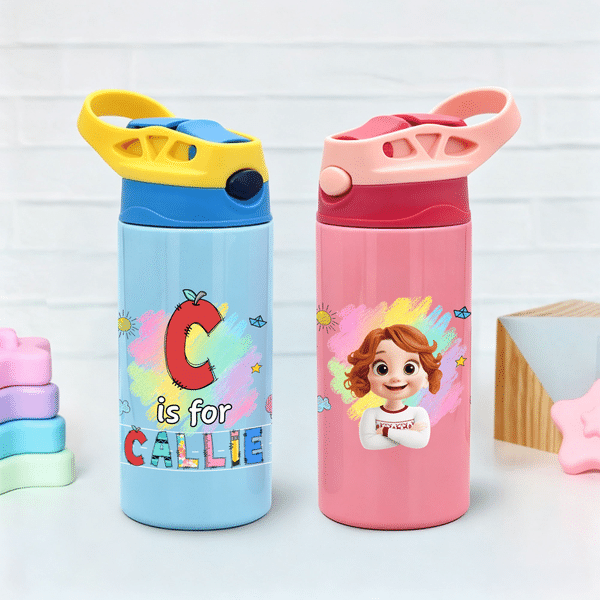 Personalized Cute Cartoon Character Multicolor 12 oz Insulated Kid Water Bottle with Name Birthday Back to School Gift for Boys Girls
