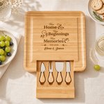 Personalized Wreath House Element Bamboo Cutting Board with Name Date and Drawer Housewarming Anniversary Gift for Family