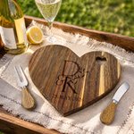 Personalized Engraved Initials Heart Walnut Wooden Cutting Board with Cheese Fork and Cheese Spreader Housewarming Wedding Gift for Newlyweds Couples