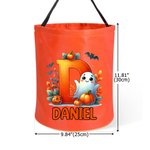 Spersonalizowana, kolorowa torba w kształcie dyni z motywem ducha, wyposażona w oświetlenie LED, z imieniem i inicjałem – prezent na imprezę halloweenową „Cukierek albo psikus” dla dzieci