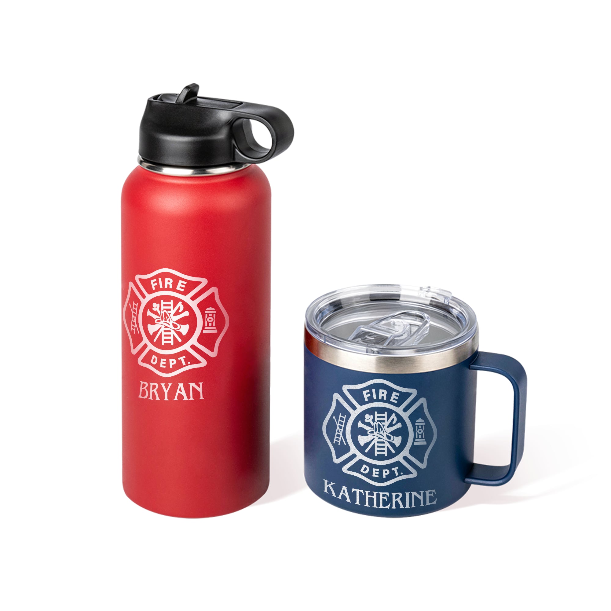 Personalisierte Edelstahl graviert Feuerwehrleute Abzeichen Kaffeebecher Wasserflasche mit Namen Geburtstag Geschenk für Feuerwehrmann