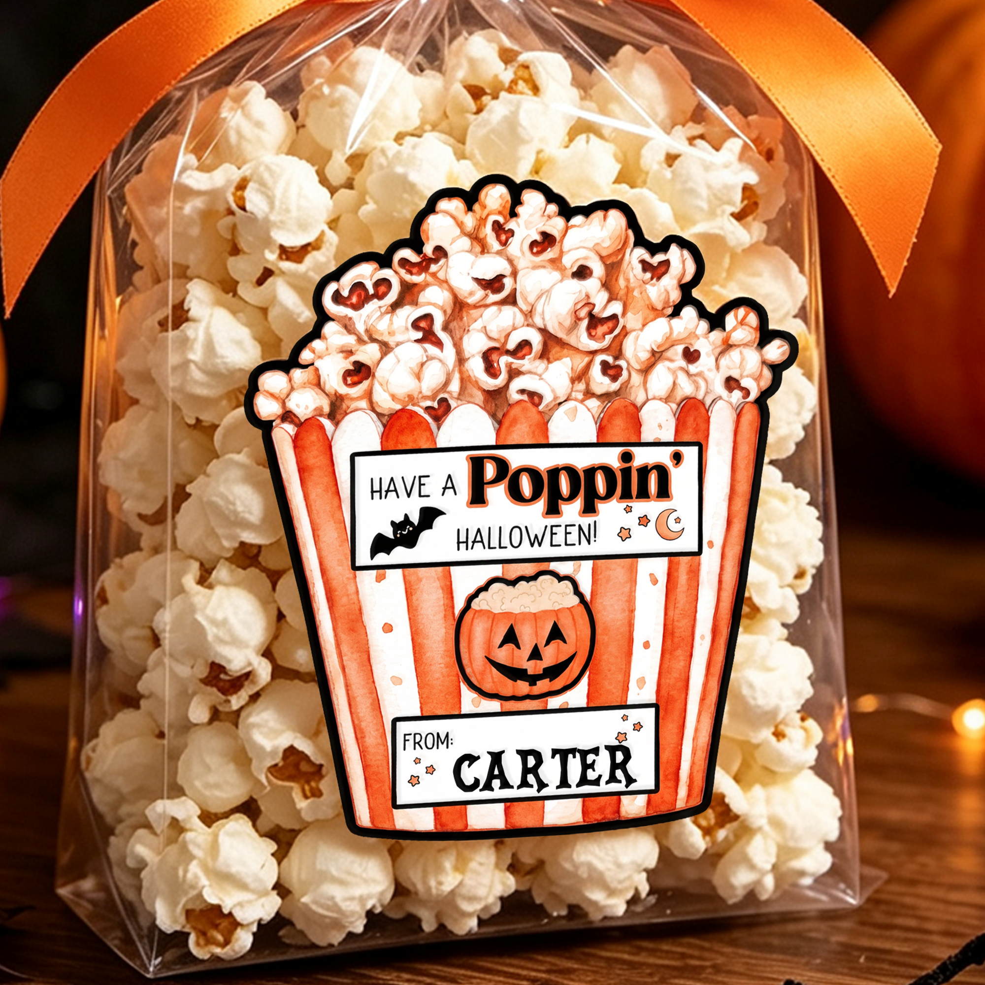 Personalisierte, wasserfeste „Have A Poppin' Halloween“-Kürbis-Fledermaus-Aufkleber mit Namen – Halloween-Party-Geschenk für Kinder und Klassenkameraden