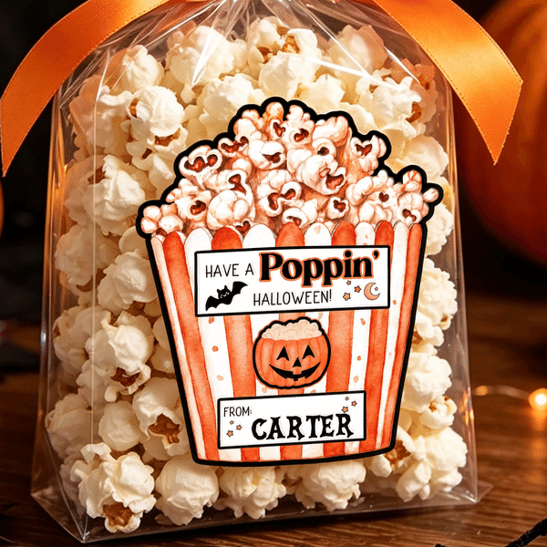 Personalisierte, wasserfeste „Have A Poppin' Halloween“-Kürbis-Fledermaus-Aufkleber mit Namen – Halloween-Party-Geschenk für Kinder und Klassenkameraden
