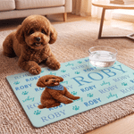 Personalized 3D-Effect Artwork Cartoon Pet Photo Paw Print PU Leather Pet Feeding Mat with Name Daily Use Birthday Gift for Pet Lovers Friends