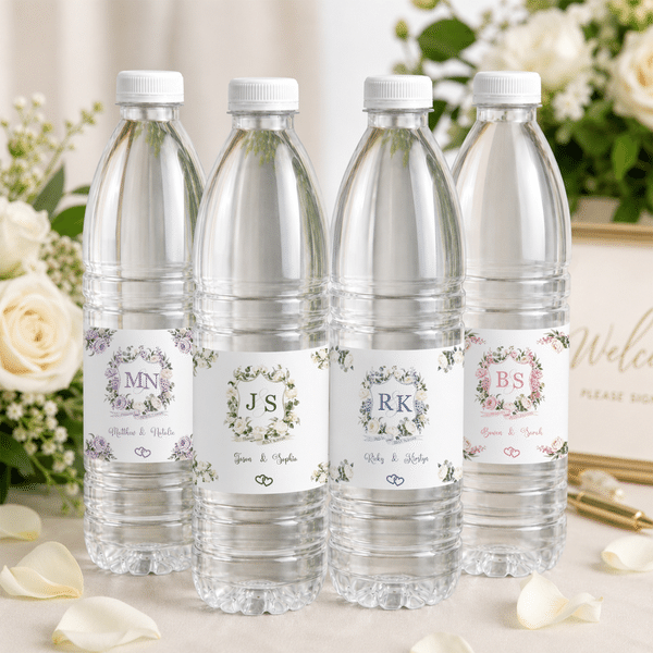 Personalised Watercolour Floral Waterproof Water Bottle Labels Stickers with Name Venue and Date Set of 20 Wedding Engagement Gift for Newlyweds