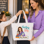 Sac fourre-tout en velours côtelé personnalisé avec illustration de personnage de dessin animé « Teaching Is My Bag » et prénom – Cadeau de rentrée scolaire ou pour la Journée des enseignants