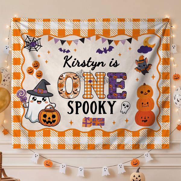 Personalized Cute Bat Pumpkin Ghost Banner with Name Party Backdrop Decor First Birthday Halloween Party Gift for New Parent Baby