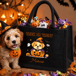 Personalized Trick or Treat Cute Cartoon Pumpkin Witzard Dog Tote Bag with Name Halloween Gift for Boys Girls