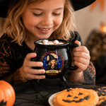 Personlig keramisk kaffekopp med heksemotiv i imitasjon av farget glass, med navn og bilde – til daglig bruk, Halloween-gave til kvinner og jenter