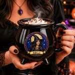 Personlig keramisk kaffekopp med heksemotiv i imitasjon av farget glass, med navn og bilde – til daglig bruk, Halloween-gave til kvinner og jenter