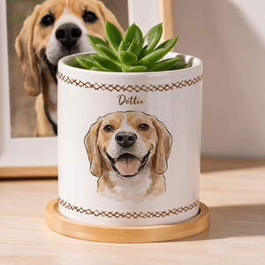 Personalized Watercolor Pet Photo Ceramic Plant Pot with Name and Bamboo Base Anniversary Birthday Gift for Pet Owner