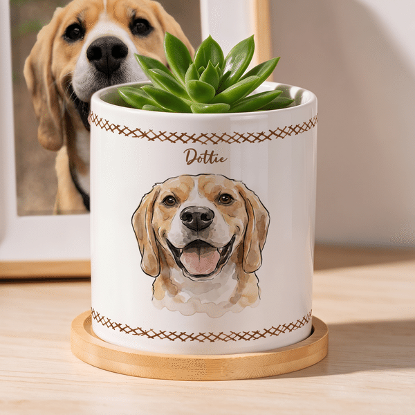 Personalized Watercolor Pet Photo Ceramic Plant Pot with Name and Bamboo Base Anniversary Birthday Gift for Pet Owner
