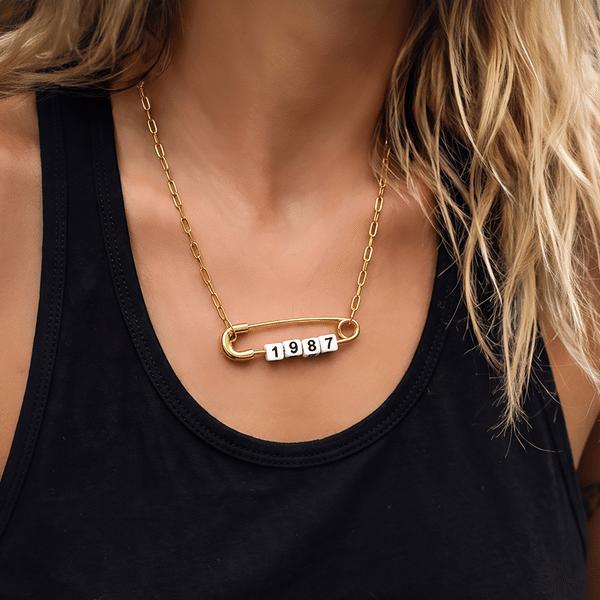 Personalized Dainty Y2K Fashion Style Zodiac Bead Safety Pin Necklace with Number and Initial Anniversary Birthday Gift for Girls