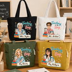 Sac fourre-tout en velours côtelé personnalisé avec illustration de personnage de dessin animé « Teaching Is My Bag » et prénom – Cadeau de rentrée scolaire ou pour la Journée des enseignants