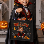 Personalized Cute Halloween Cartoon Character Photo Black Linen Tote Bag with Name Halloween Party Trick or Treat Gift for Boys Girls Halloween Lovers