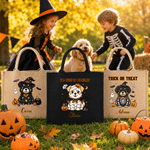 Personalized Trick or Treat Cute Cartoon Pumpkin Witzard Dog Tote Bag with Name Halloween Gift for Boys Girls