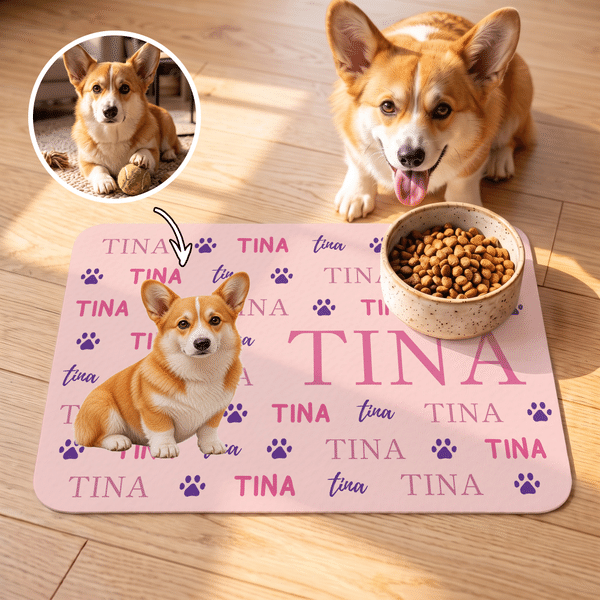 Personalized 3D-Effect Artwork Cartoon Pet Photo Paw Print PU Leather Pet Feeding Mat with Name Daily Use Birthday Gift for Pet Lovers Friends