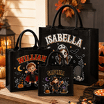 Personalized Cute Halloween Cartoon Character Photo Black Linen Tote Bag with Name Halloween Party Trick or Treat Gift for Boys Girls Halloween Lovers