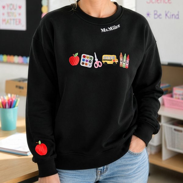 Personalized Embroidered Apple Theme Multicolour Sweatshirt Hoodie with Title & Surname Daily Wear Back to School Teacher's Day Gift for Teacher
